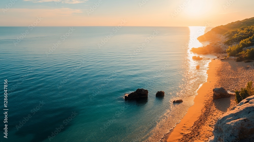 Poster the ocean is calm and the sun is setting, creating a serene and peaceful atmosphere. the rocks on th