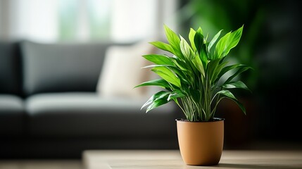 Potted plant sits on a table in a living room. The plant is green and he is a palm tree. The room is furnished with a couch and a chair, and there is a window in the background