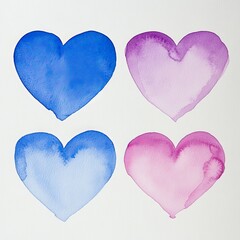 Fototapeta premium Four watercolor hearts in various shades of blue and purple arranged in a square grid on a white background representing emotional expression love and artistic simplicity in a digital illustration