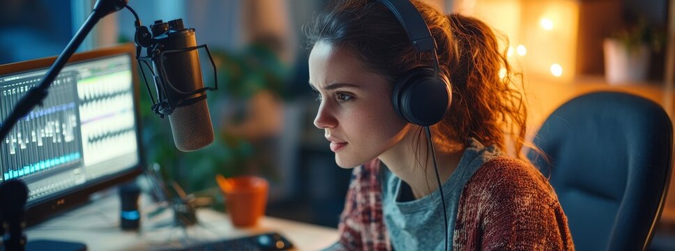 Sound Recording: A focused woman with headphones engrossed in sound editing software, captures the essence of audio creation in a cozy home studio setting.