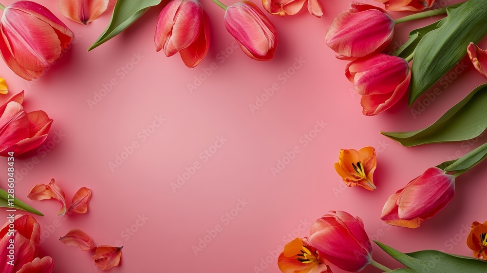 Poster pink background with a bunch of red flowers in the center. the flowers are arranged in a circle and 