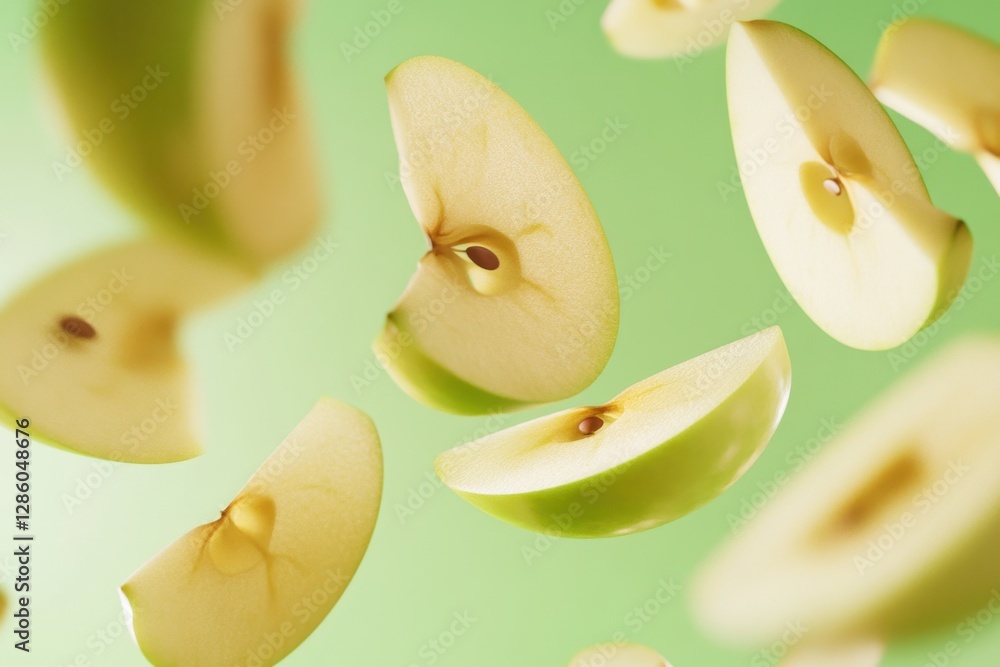 Poster fresh green apple slices floating gracefully against a vibrant background creating an inviting and j
