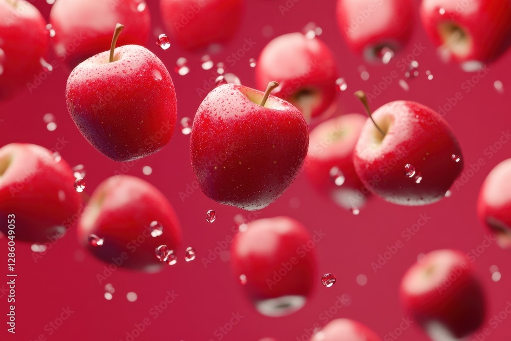 Poster fresh, shiny red apples falling through a cascade of sparkling droplets against a vibrant red backdr