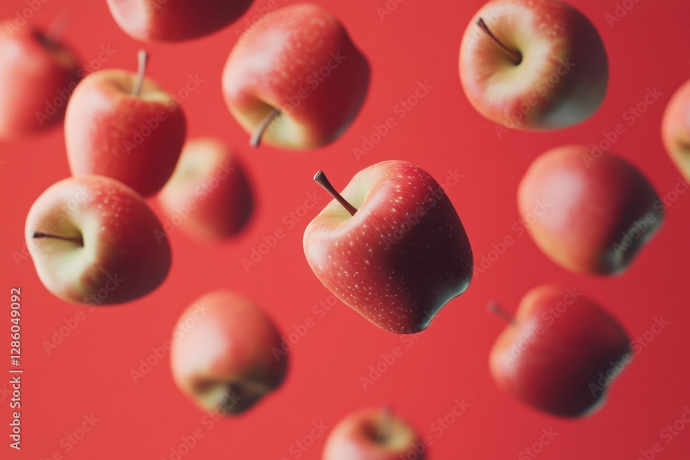 Poster floating red apples create an artistic display against a vibrant red backdrop in a creative kitchen 