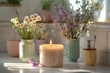 Scented candle and flowers in a bathroom, a relaxing morning.