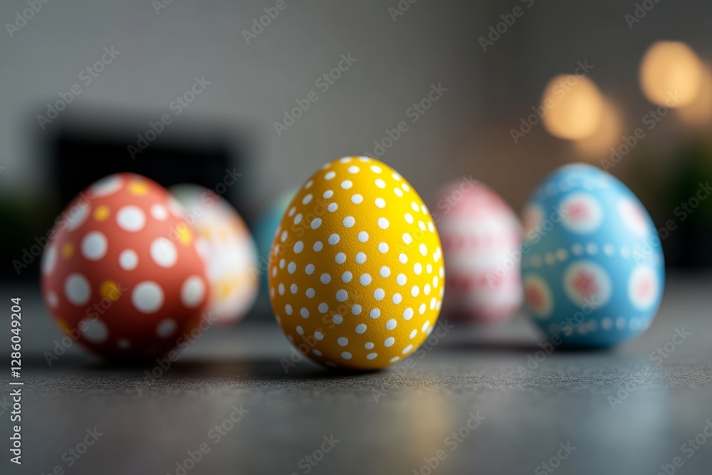 Poster group of colorful eggs with polka dots on them. the eggs are arranged in a row, with one yellow and 