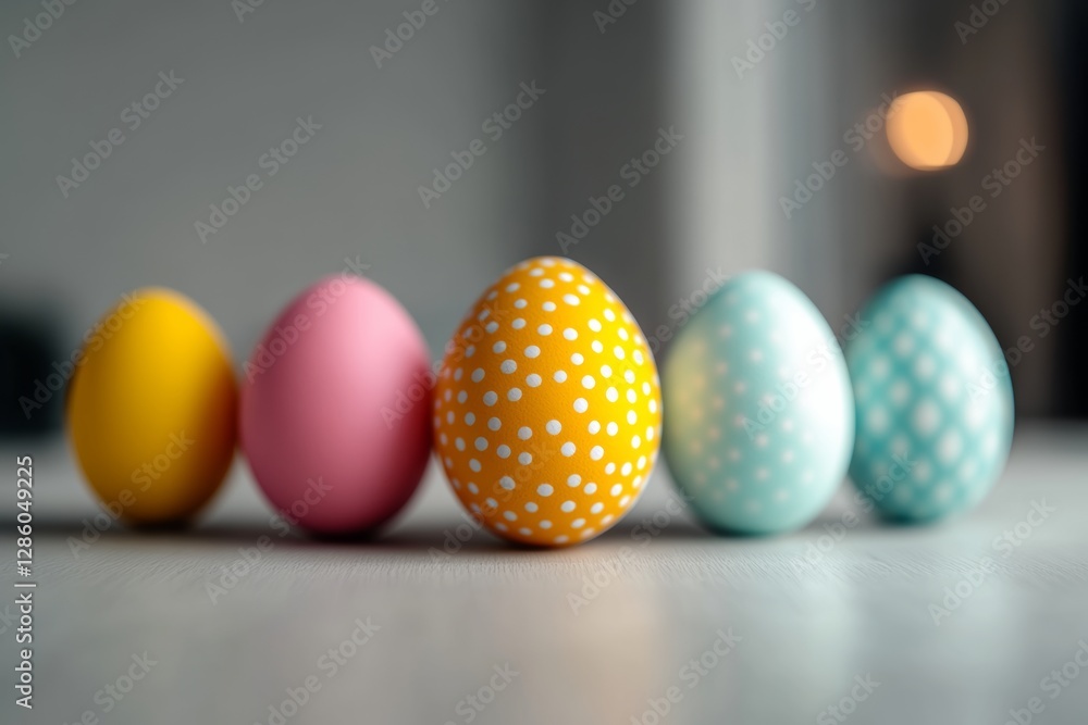 Poster row of colorful eggs with polka dots on them. the eggs are arranged in a line, with one being larger
