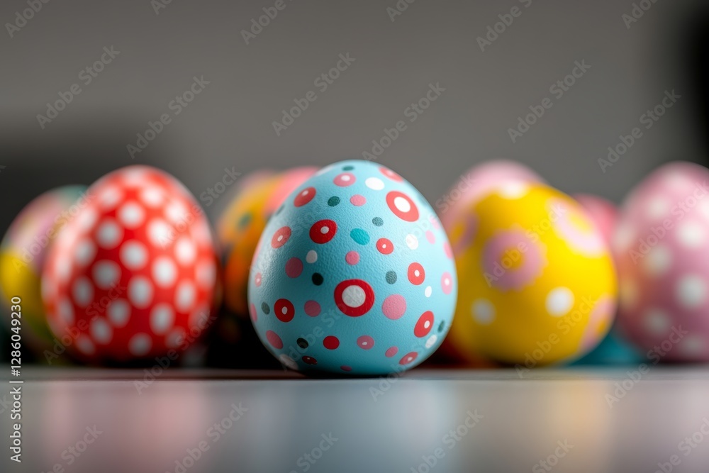 Aufkleber row of painted eggs with polka dots and other designs. the eggs are arranged in a line on a table