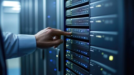 Server Room Technician,  A Close-Up of a Hand Interacting with Advanced Server Technology