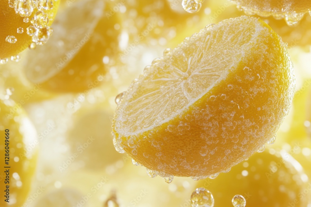 Poster bright lemon slices surrounded by sparkling bubbles creating a refreshing summer vibe in a vibrant b