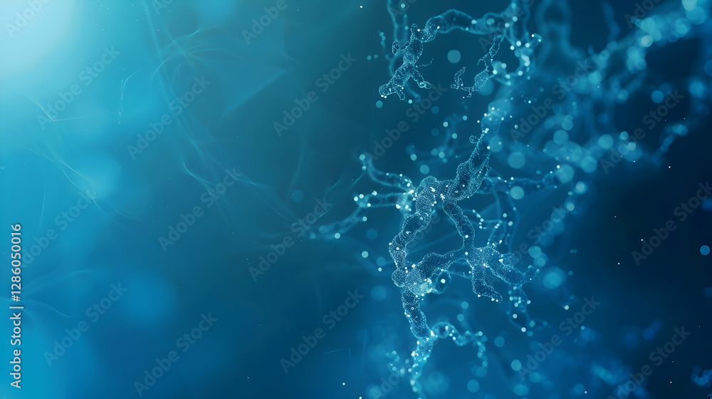 Poster abstract representation of molecular structures in a blue gradient background, symbolizing science a
