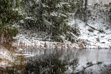 winter landscape with a lake, magical snow-covered trees and reflections in the lake, a gorgeous...