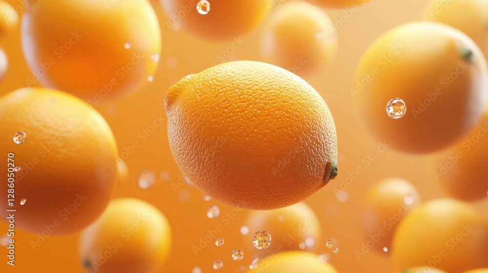 Poster lemons suspended in water droplets create a refreshing burst of citrus in an artistic display of col