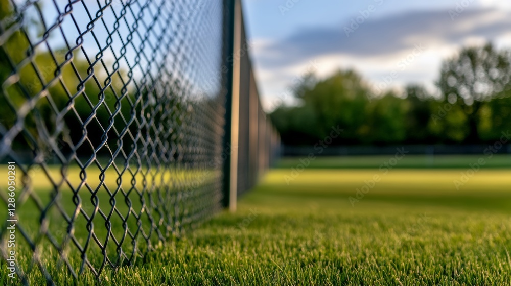 Aufkleber fence with a chain link fence and a green field in the background. the fence is on the left side of 