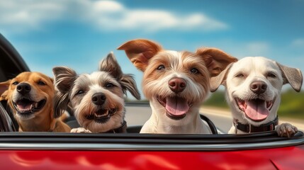 Four dogs are sitting in a car window, all of them smiling and looking out at the world. Scene is...