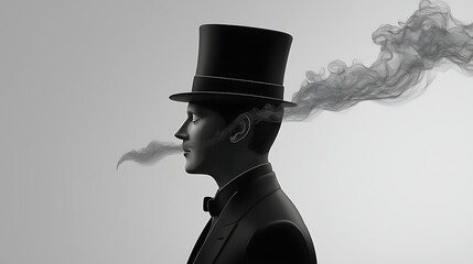 Man in top hat, smoking, profile view, artistic, grayscale,  background