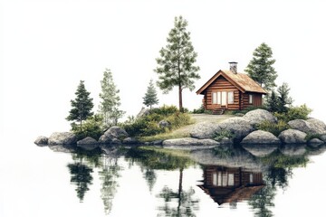 Fototapeta premium Serene Cabin Overlooking Misty Lake