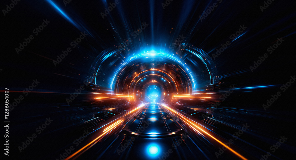 Aufkleber futuristic tunnel with vibrant blue and orange light streaks converging into a glowing portal. abstr