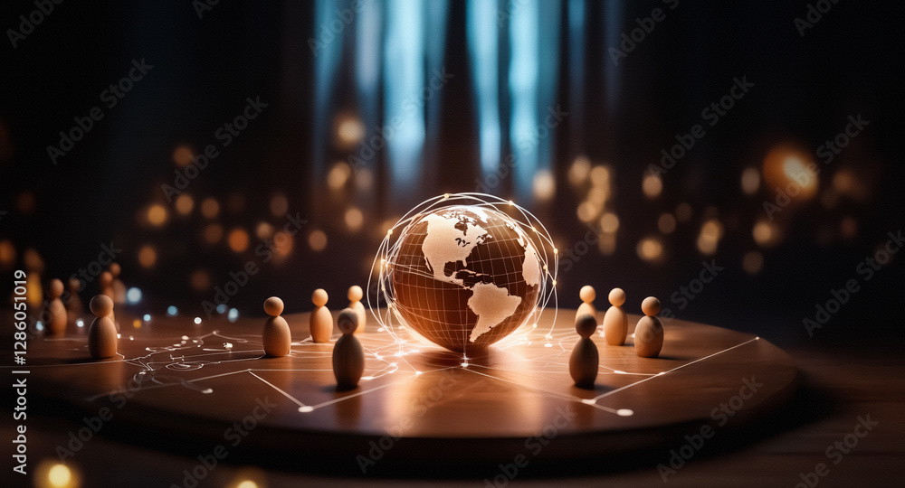 Leinwandbilder A wooden globe is encircled by figures on a platform, illuminated by spotlights and interconnected by glowing lines, representing a worldwide network.