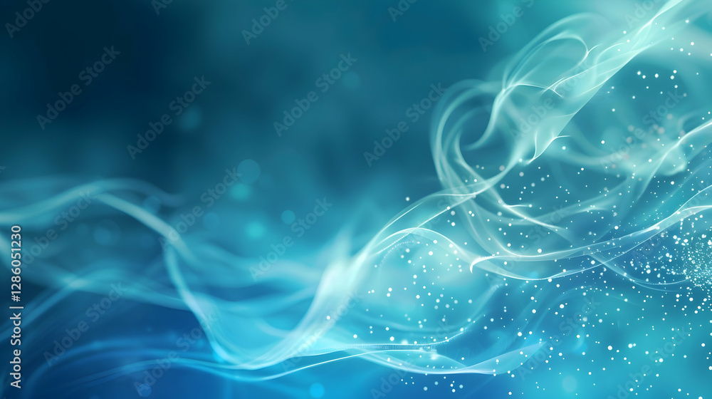 Poster ethereal blue abstract background with flowing light trails and sparkling particles creating depth