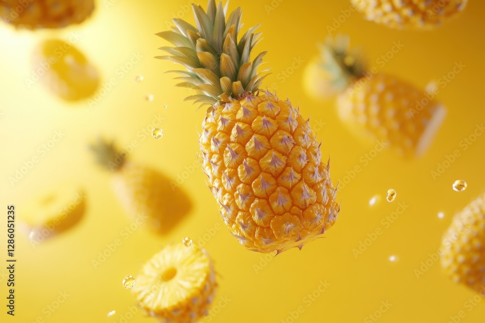 Poster vibrant pineapple floating against a cheerful yellow backdrop with tropical vibes and refreshing sum