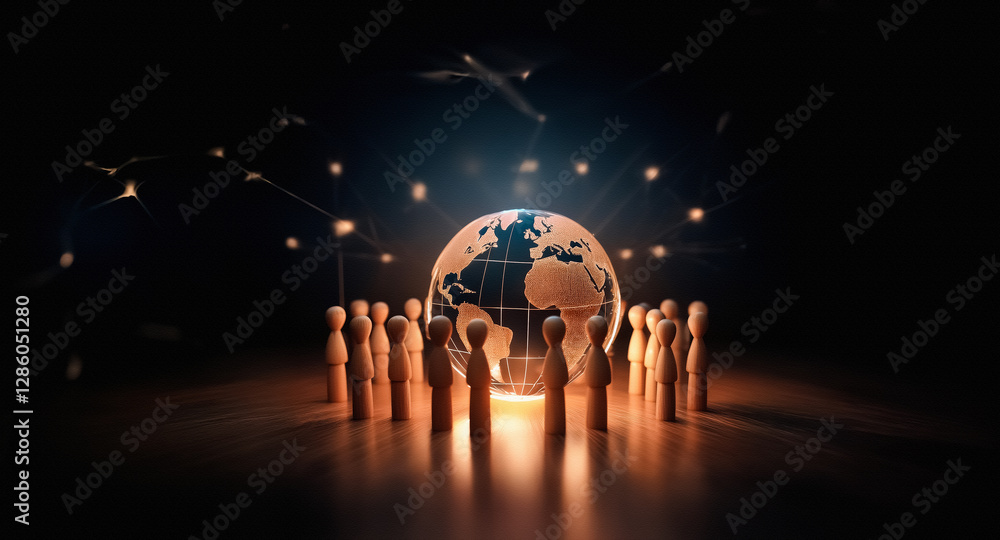 Leinwandbilder a glowing globe is encircled by wooden figures in a dark setting, connected by light beams, symboliz