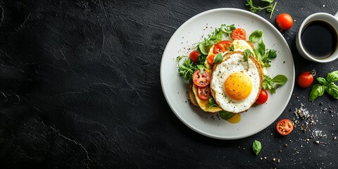 Sunrise Breakfast: An appetizing top-down view of a nutritious breakfast arrangement. It showcases a perfectly cooked fried egg on a bed of toast with fresh tomatoes, and greens.