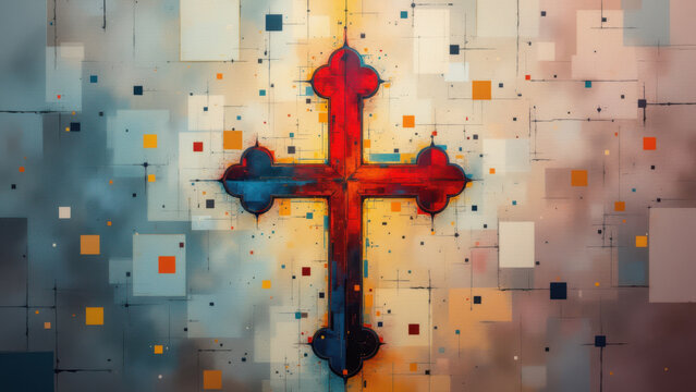 A digital artwork featuring a cross with abstract elements, symbolic of Christian faith.