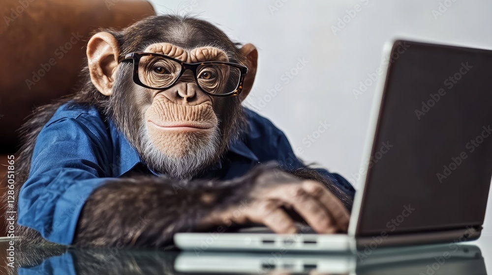 Poster monkey wearing glasses is sitting at a desk and using a laptop. concept of humor and playfulness, as