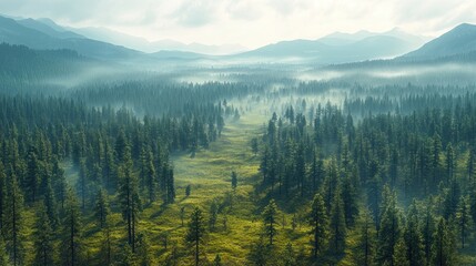 Naklejka premium Misty Mountain Valley Forest View