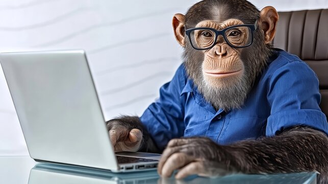 Monkey wearing glasses is sitting at a desk with a laptop. The monkey appears to be working on the laptop, possibly typing or browsing the internet. Concept of humor and playfulness