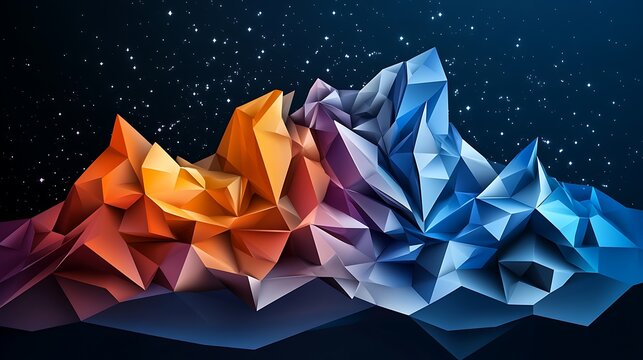 Abstract Low-Poly Mountain Range Digital Art: A Night Scene AI Generated