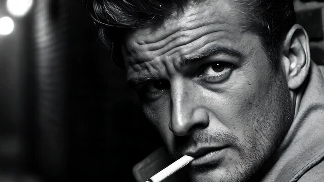 Noir-style close-up of a man with a cigarette, leaning against a brick wall, the city dim lights reflecting off his face.