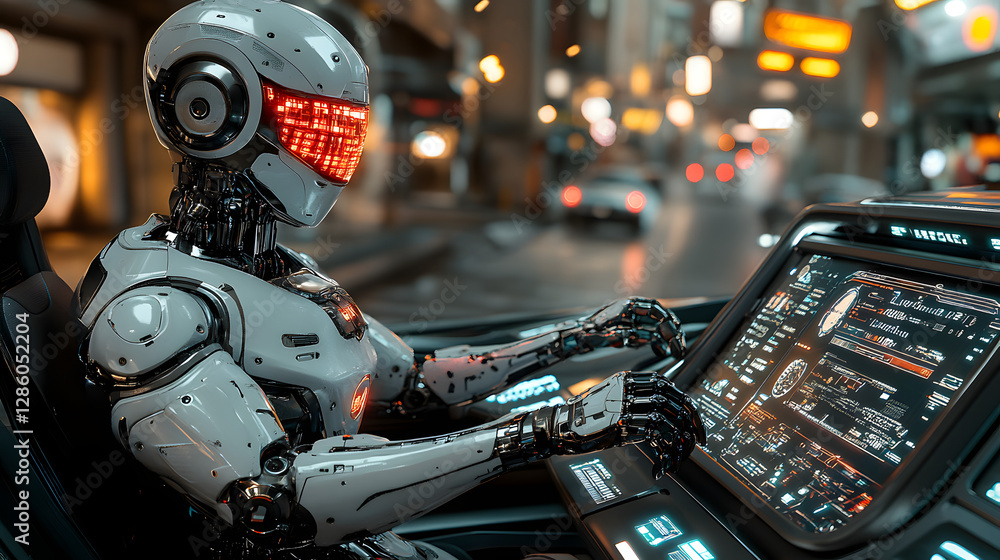 Poster robotic driver navigating cityscape: futuristic ai driver at the helm of a vehicle, navigating a dyn