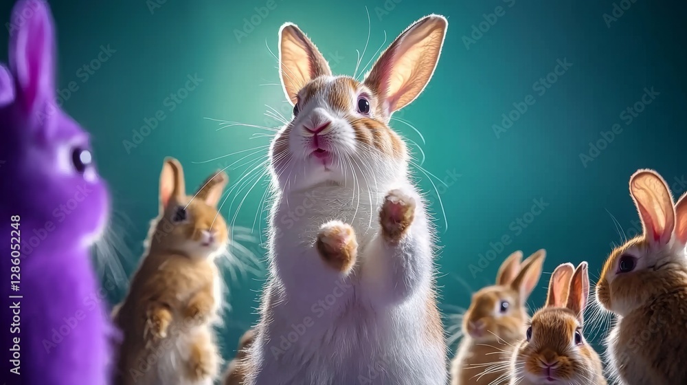 Poster group of rabbits are standing in a line, with one of them looking up at the camera. the scene is pla