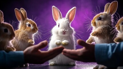 Fototapeta premium Group of rabbits are standing in a circle, with one rabbit in the middle and the others surrounding it. The rabbit in the middle is white and he is the center of attention. The scene has a playful