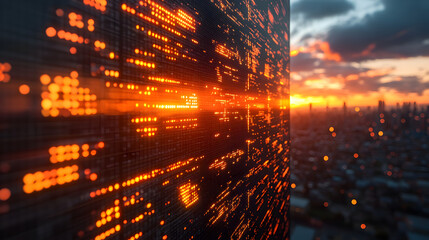 Data Stream Skyline: An architectural marvel merges seamlessly with the vibrant cityscape, showcasing a mesmerizing display of illuminated data streams against the backdrop of a sunset horizon.