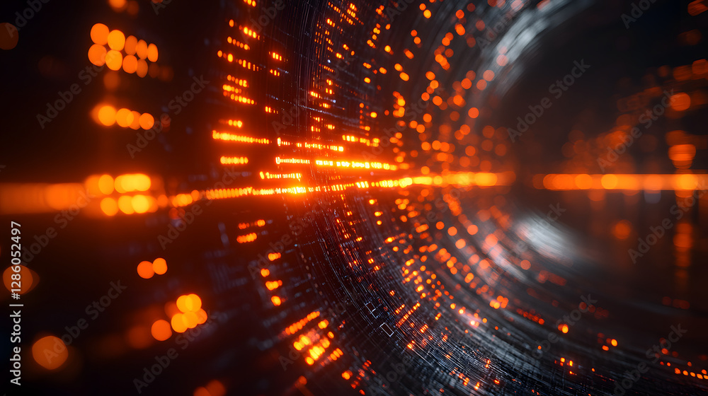 Poster tunnel of tech: an abstract representation of a futuristic tunnel or digital pathway, composed of gl