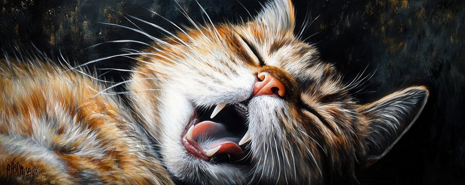 Close-up of a yawning tabby cat basking in the sunlight, showcasing its toothy grin.