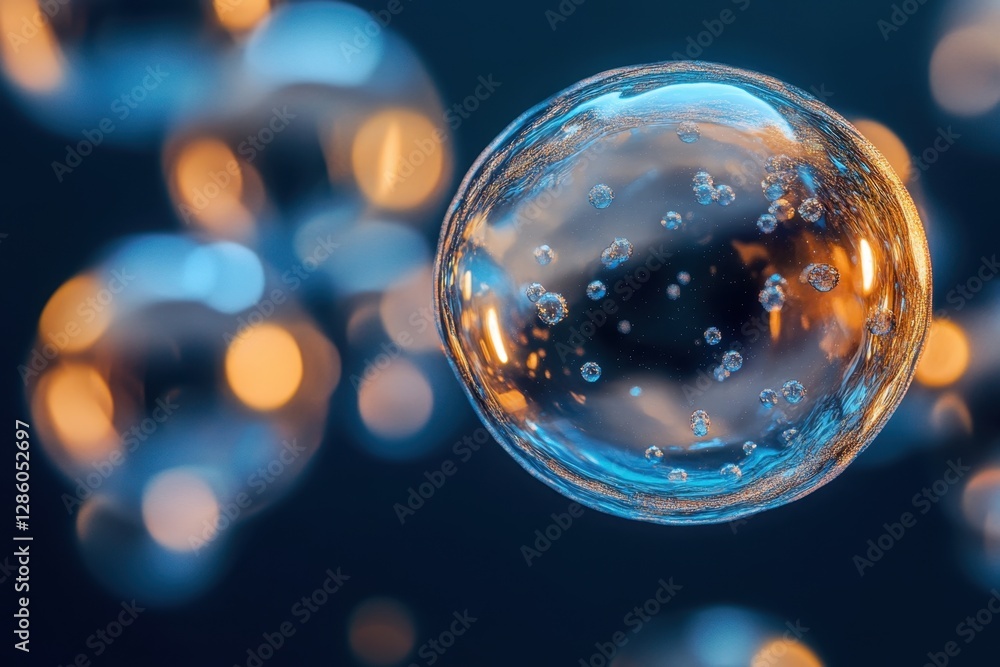 Poster bubbles floating gracefully in a darkened space illuminated by warm, glimmering lights during an enc