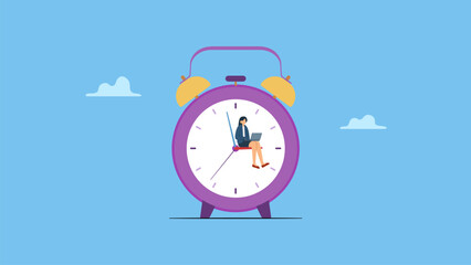 Vector illustration of Businesswoman, employee sitting on the clock with a laptop symbolizes time management, deadline, organizing efficient business process.