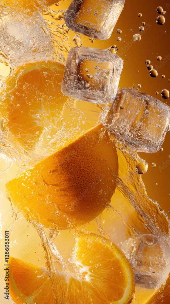 Poster zesty citrus and sparkling refreshment mingle in an inviting golden splash. generative ai