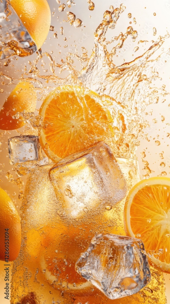 Poster fresh oranges bursting with flavor in splashy ice-cold beverage create a refreshing summer essence f