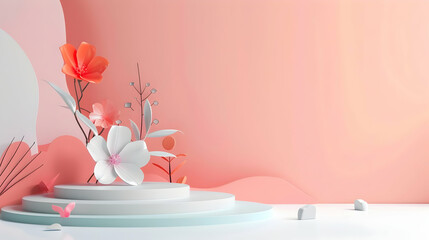 A serene pastel floral arrangement on a minimalist stage with soft pink background