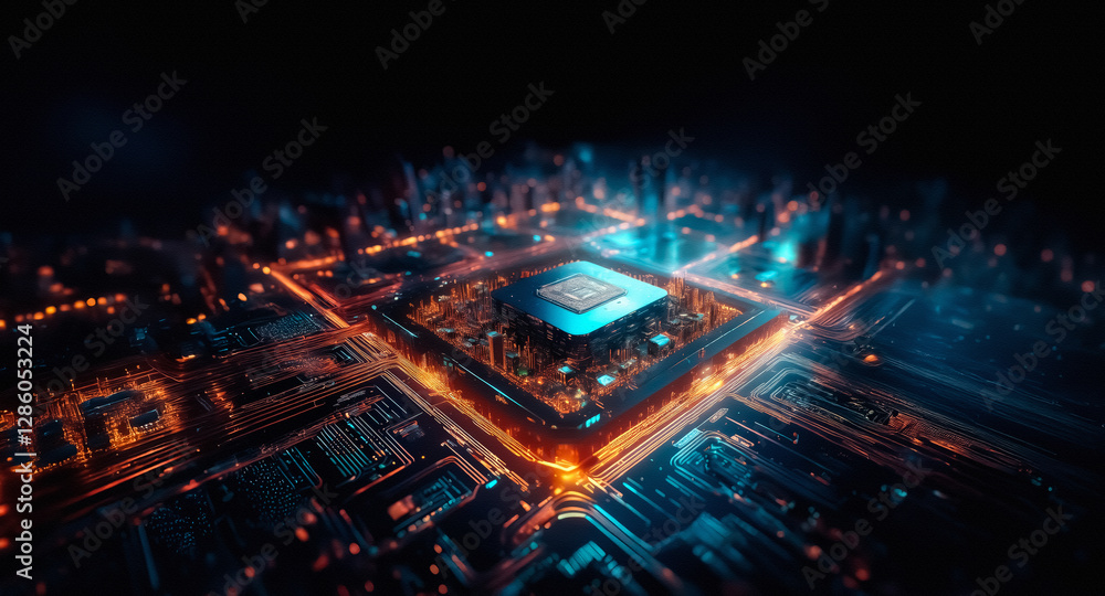 Poster futuristic cityscape at night. glowing lights illuminate an abstract urban structure resembling an e