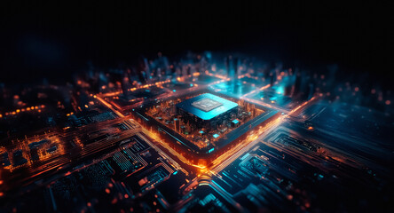 Futuristic cityscape at night. Glowing lights illuminate an abstract urban structure resembling an electronic chip in the center. Dark background.