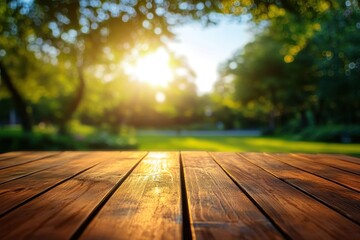 Fototapeta premium Wooden Table in Park: A warm inviting wooden table captures the essence of a sunny day, framed by blurred greenery, inviting you to rest in the scenic natural backdrop.