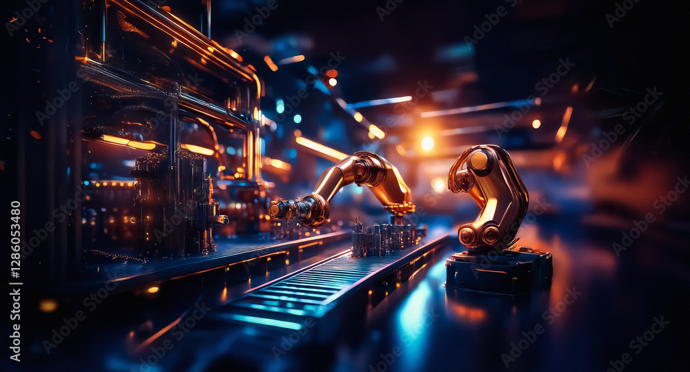 Poster futuristic industrial automation featuring robotic arms working on a conveyor belt under bright blue