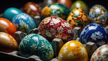 Fototapeta premium Colorful Easter eggs in an egg container