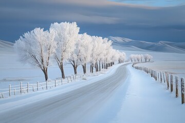 Obraz premium Snow Covered Trees Line a Winding Winter Road